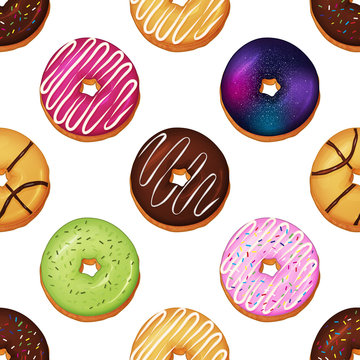 Seamless pattern made from different delicious donut. Endless picture. Cartoon style. Vector illustration. Object for packaging, advertisements, menu. Sweet food. Dessert meal.