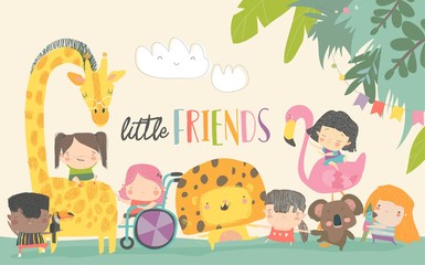 Cute children with cartoon animal. Happy friends