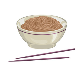 Soba noodles in bowl and chopsticks isolated on white background. Vector illustration of japanese food in cartoon simple flat style.