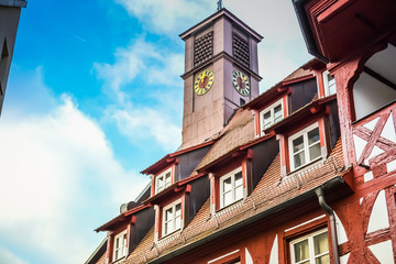 Germany, Furth, 21 Nov 2019: historic city centre. Half-timbered houses ('Fachwerk') with bright roofs and brightly painted walls.