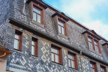 Top floors with windows, Germany, town Furth. House type 'Fachwerk'.