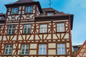 Germany, Furth, 21 Nov 2019: historic city centre. Half-timbered houses ('Fachwerk') with bright roofs and brightly painted walls.