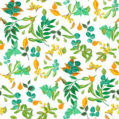 Seamless pattern with leaves, flowers and berries, watercolor illustration on a white background