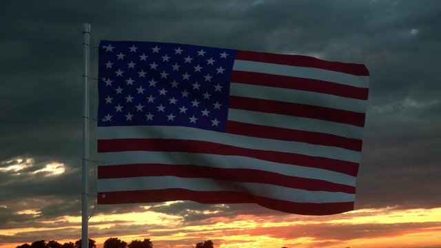 USA flag waving isolated on dramatic sky. Close up of United States of America flag, 3d rendering