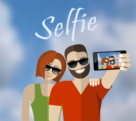 Fototapeta na wymiar Happy couple making selfie sky background , sunny summer colors, romantic mood. Stylish sunglasses. Happy laughing