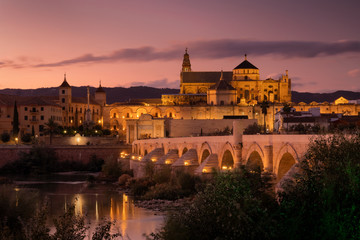 Roman Bridge and Guadalquivir river after the sunset, Great Mosque, Cordoba, Spain