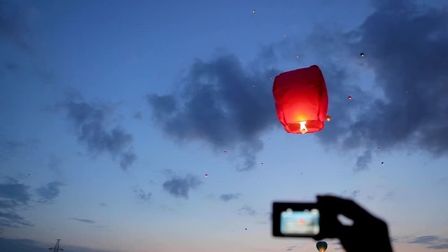 sky latern, sky, balloon, air, blue, hot, fly, flying, red, clouds, parachute, cloud, sun, sunset, flight, orange, fun, balloons, travel, colorful, freedom, color, hot air balloon, sunrise, summer