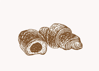 Two vector croissants,sepia background, graphical  vintage illustration