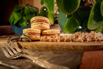 Tasty sweet macaroon cookies on wooden display