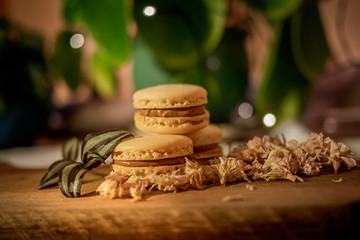 Tasty sweet macaroon cookies on wooden display