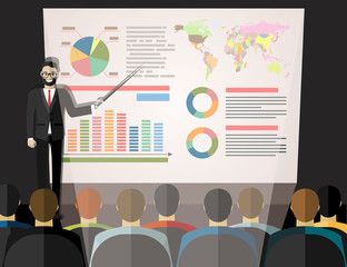 Businessman in suit and tie making presentation explaining charts on a white board. Business seminar. Flat style vector illustration