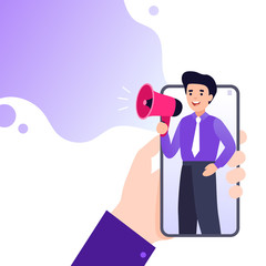 Businessman holding loud speaker. Hand holding smartphone with small man shouting to megaphone and gradient color cloud for text. Announcement from business man, information template
