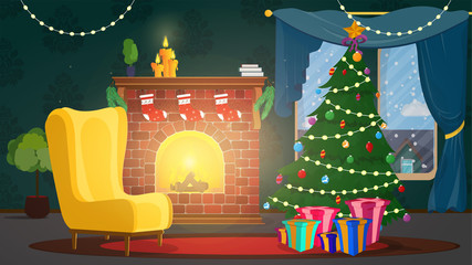 Festive interior of Christmas room on eve happy new year. Christmas tree, decorative wreath, holiday gifts, burning fireplace, snowy winter outside window. illustration, greeting card template.