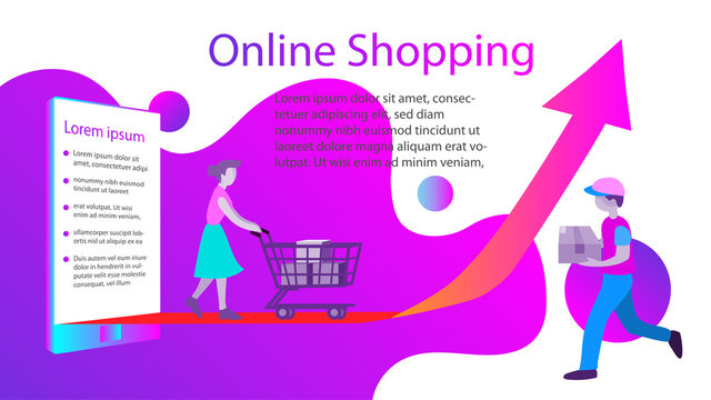 The cartoon infographic illustration picture of the online shopping in minimal modern design. 