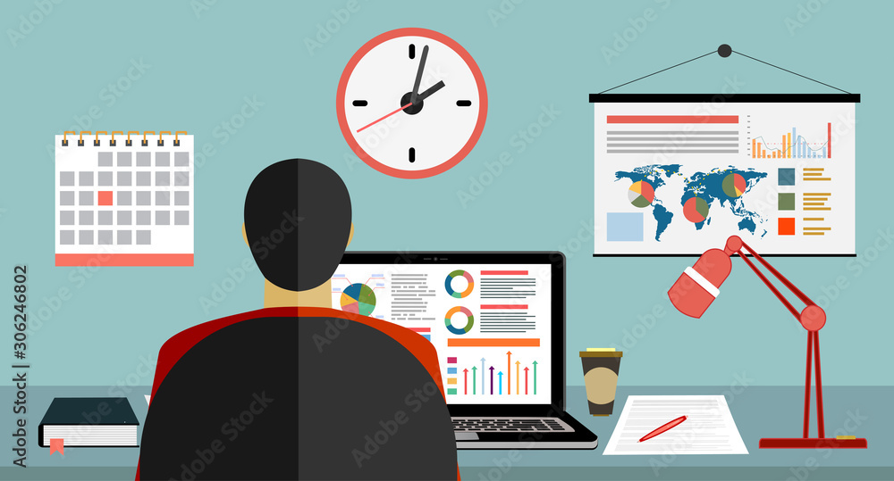 Poster flat design vector illustration of modern office interior desktop showing design application with in