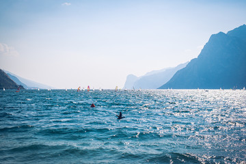 Fototapeta na wymiar Surfing on Lago di Garda, Trentino, Italy. Sunny day. Water sport.