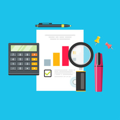 Auditor work desk, accounting paperwork, business research, financial audit, auditing tax process, research report,vector