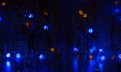 Blur rain drop window street evening night light bokeh abstract background