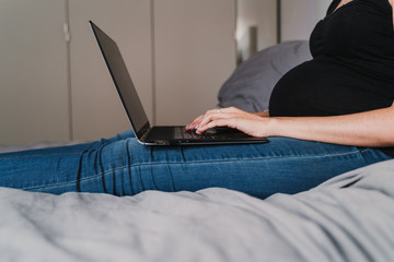 Naklejka premium young pregnant woman at home working on laptop