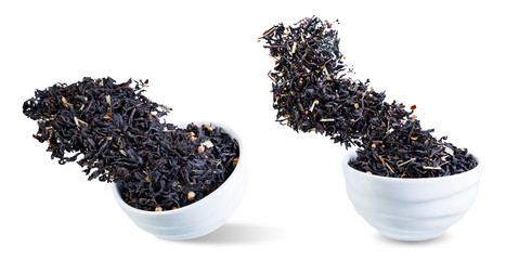 Dried black tea on a white ioslated background