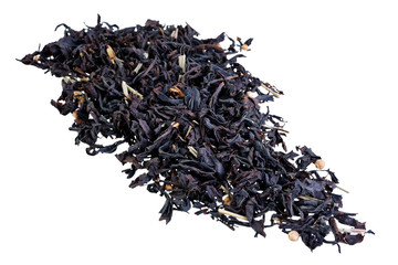 Dried black tea on a white ioslated background