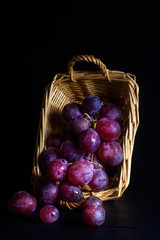  BUNCH OF GRAPES IN WICKER BASKET ON DARK FUND