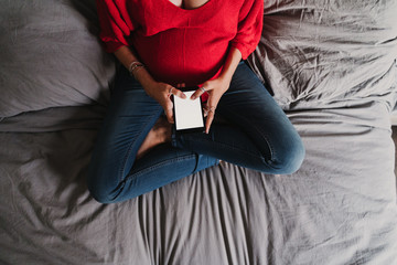 young pregnant woman at home using mobile phone