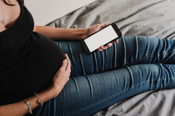 young pregnant woman at home using mobile phone