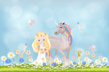 Vector cute princess and unicorn walking in summer field with little fairies flying against blurry blue sky background, Cartoon Spring scene with happy girl and horse walking in daisy flowers field