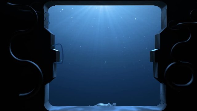 New Born Future Concept. A female humanoid come up in an abstract pool with futuristic porthole. 