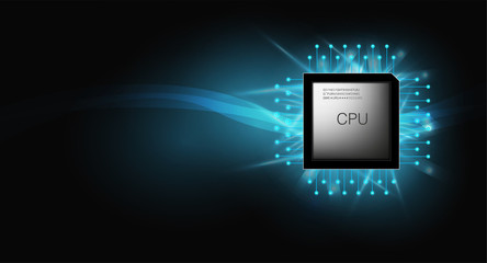 Quantum computer, large data processing, database concept.CPU isometric banner. Central Computer Processors CPU concept.Digital chip Futuristic microchip processor with lights on the blue background.