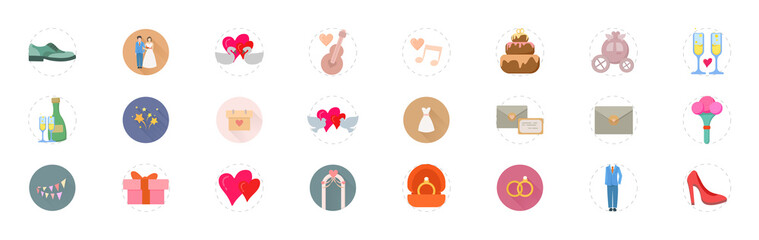 wedding and love colorful vector flat icon set for mobile concept and web apps design.