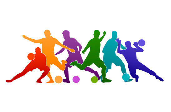 Fototapeta Football soccer player vector illustration silhouette colorful background sport people poster card banner design