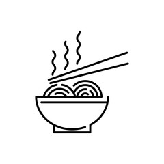 Logotipo de ramen y noodles. Icono plano lineal fideos chinos en bol con palillos en color negro