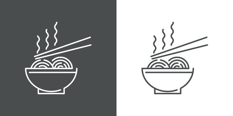 Logotipo de ramen y noodles. Icono plano lineal fideos chinos en bol con palillos en fondo gris y fondo blanco
