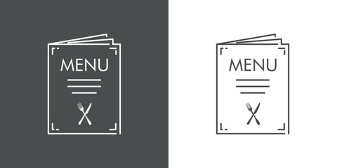 Logotipo menú de restaurante en afiche. Icono lineal en fondo gris y fondo blanco