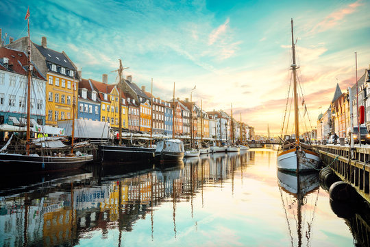 The view of touristic street Nyhavn in the morning light
