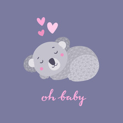 Cute vector card with sleeping koala and lettering. Funny baby illustration with animal bear and hearts