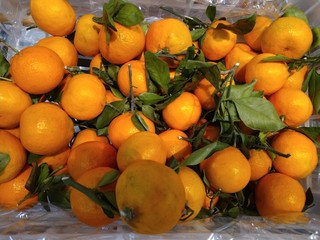 Tangerines with leaves in a box