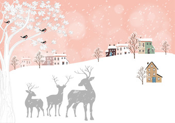 Vector Cute winter landscape with rein deers family standing under the tree, snow covered house and birds standing on branches tree. Minimal flat design for Holiday background