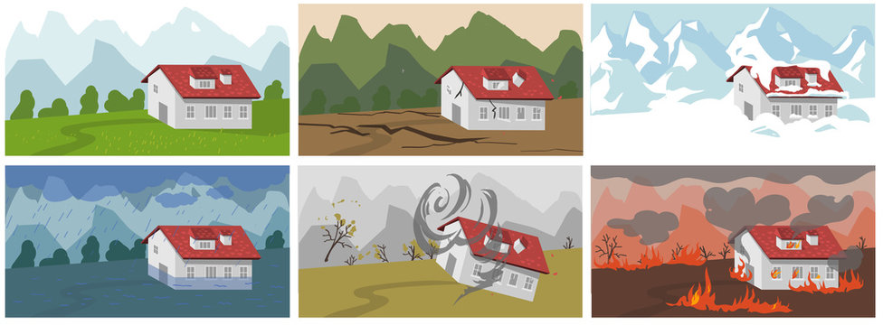 natural disaster. set cataclysms. Catastrophe and crisis Background. avalance, fire, Tornado, Rain, Thunderstorm, Flood and Earthquake.vector illustration
