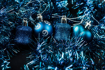 Toys for the new year in blue color.Elegant Blue and Gold Gift Arrangement.