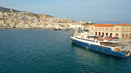 Aerial drone photo of picturesque port of Syros or Siros island main town of Ermoupolis, Cyclades, Greece