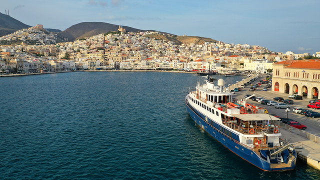 Aerial drone photo of picturesque port of Syros or Siros island main town of Ermoupolis, Cyclades, Greece