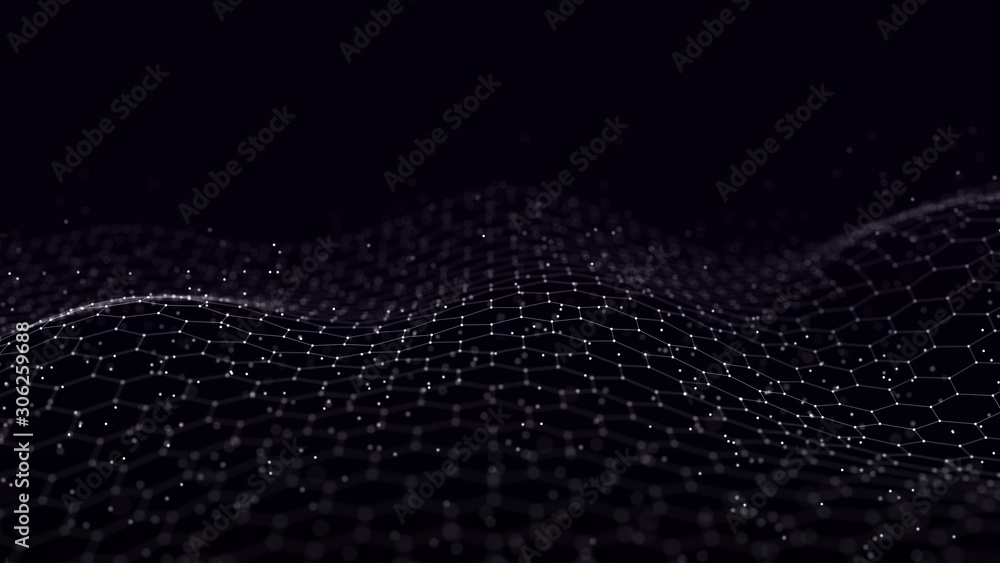 Poster Wave with the connection of points and lines on a polygonal dark background. Futuristic abstract mesh.