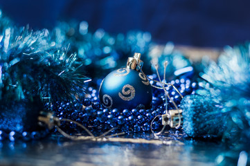 Christmas blue toys for Christmas tree, balls, stars.