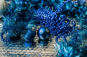 Christmas blue toys for Christmas tree, balls, stars.