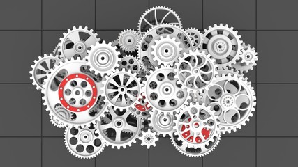 Mechanism, white metallic gears and cogs at work on black tile background. Industrial machinery. 3D illustration. 3D high quality rendering.