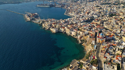 Aerial drone photo of picturesque port of Syros or Siros island main town of Ermoupolis, Cyclades, Greece