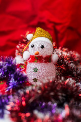 Christmas toys for the Christmas tree, balls, stars. Textures and backgrounds. New Year's toy snowman